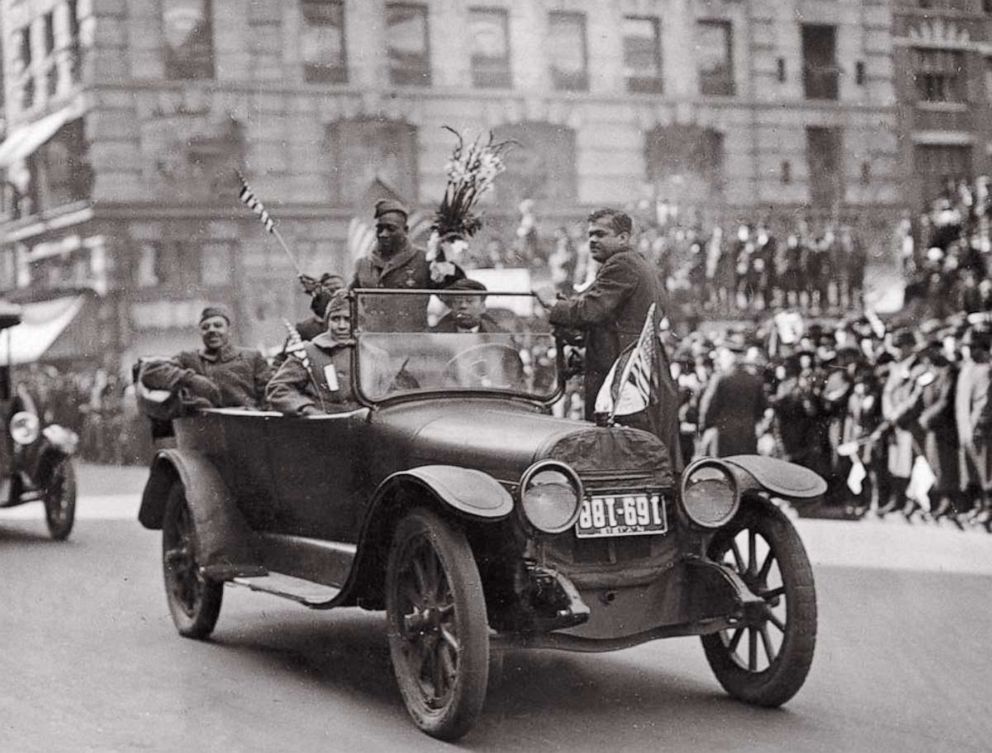 PHOTO: Sgt. Henry Johnson waves while the 369th Infantry Regiment marches up Fifth Avenue in New York, on Feb. 17, 1919 during a parade held to welcome the New York National Guard unit home. Johnson won the Croix de Guerre during World War I.