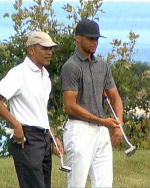 VIDEO: President Obama headed to the Farm Neck Golf Club for a round of golf with NBA MVP Steph Curry.