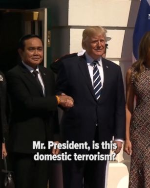 President Trump didn't respond to reporters' questions about the Las Vegas shooting, including: "Is this domestic terrorism?" and "Is it time for new gun control laws?"