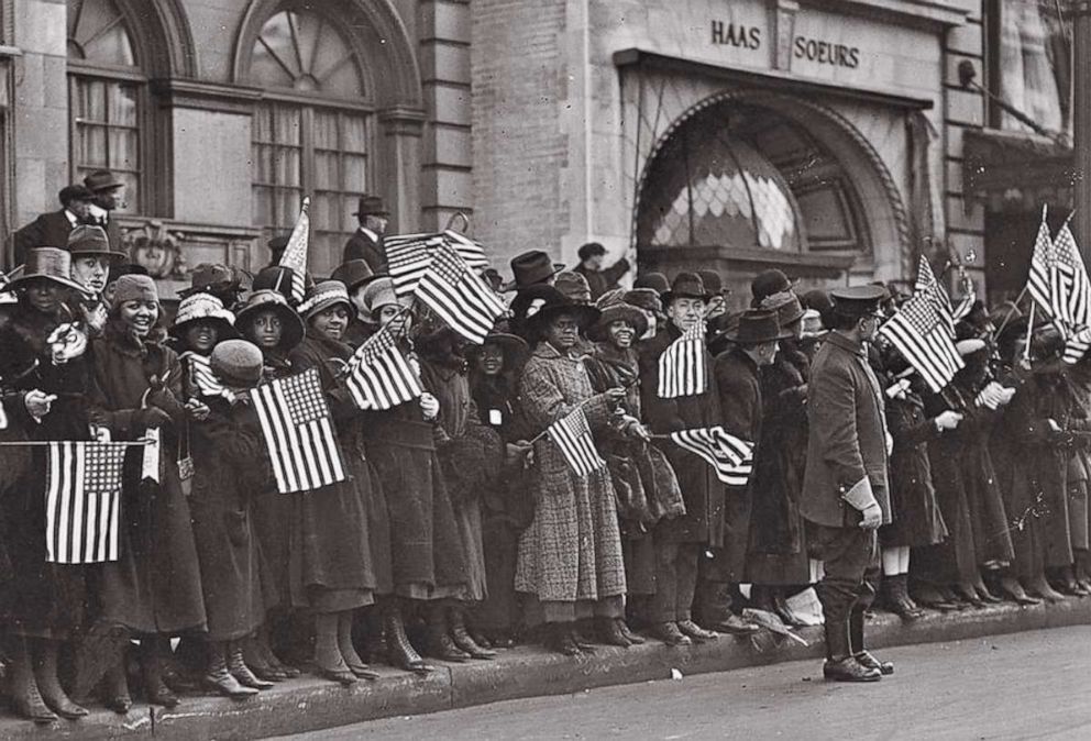 PHOTO: Crowds waiting for the parade of the famous 369th Infantry, formerly the 15th New York regulars. They marched down 5th Ave. in a parade led by Col. Bill Hayward, held in honor of their return to the country, on Feb. 18, 1919 in New York City