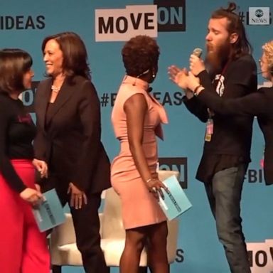 PHOTO: Sen. Harris was speaking at the MoveOn forum in San Francisco when an animal rights activist went on stage and took the mic away from her.