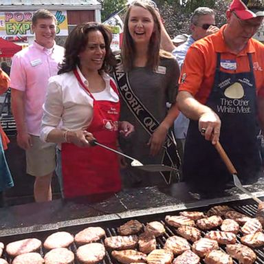 PHOTO: Democratic presidential candidate Kamala Harris joked that she knows how to "flip Republicans" while cooking sausage patties at the Iowa State Fair.