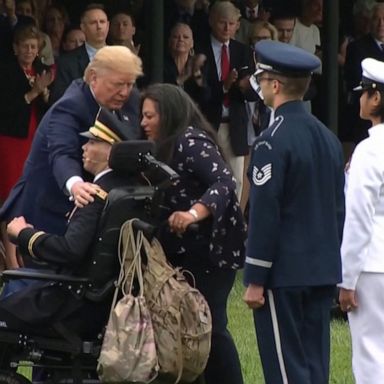 Capt. Luis Avila performed a moving rendition of "God Bless America" for Trump, Vice President Mike Pence, Defense Secretary Mark Esper and the incoming Chairman of the Joint Chiefs of Staff Gen. Mark Milley.