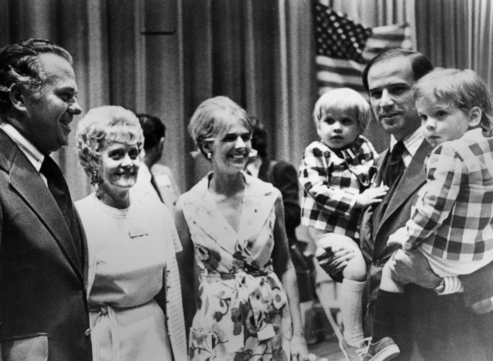 PHOTO: Joe Biden, carries both of his sons, Joseph, left, and Robert during an appearance at the 1972 Democratic state convention with his wife Neilia Biden. Standing with the Bidens are Governor-elect Sherman W. Tribbitt and his wife, Jeanne.