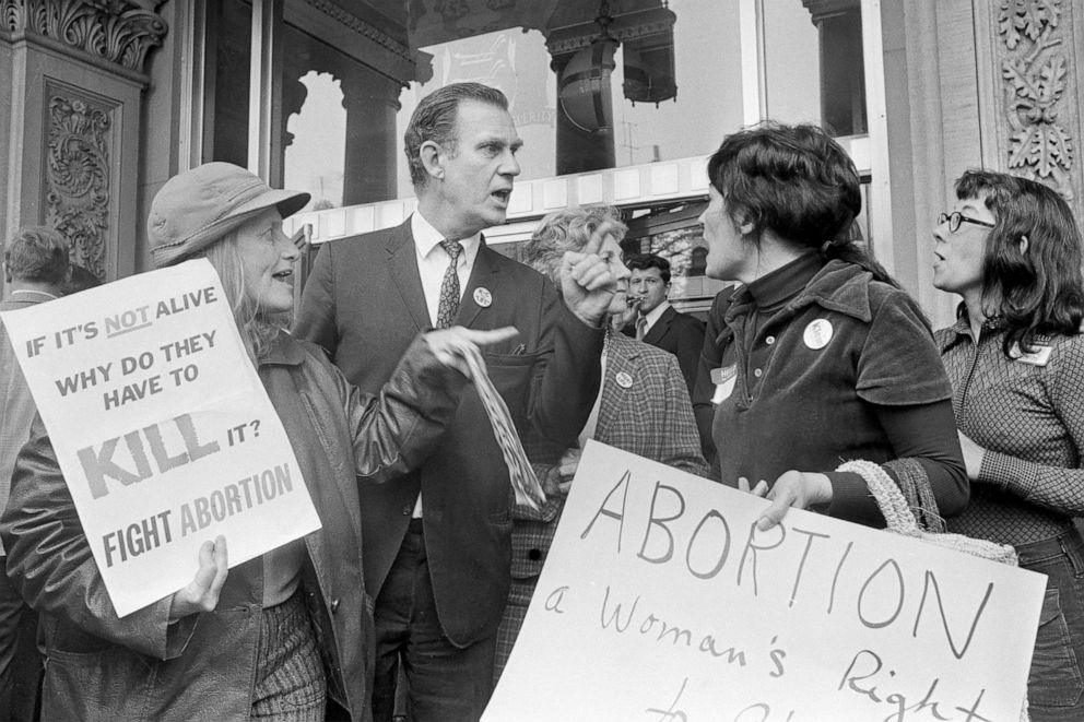 PHOTO: Anti-abortion and abortion-rights activists argue their viewpoints on the steps of the State House in Trenton, N.J., April 30, 1973.