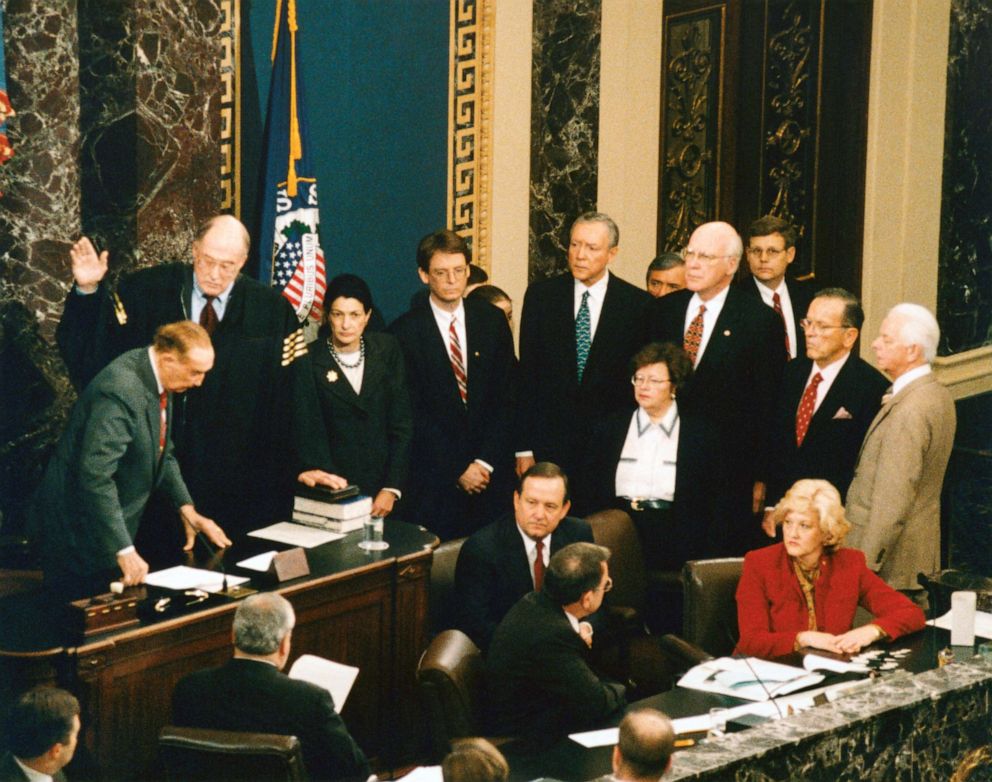 PHOTO: Supreme Court Chief Justice William Rehnquist is sworn in to oversee the impeachment trial of President William Jefferson Clinton.