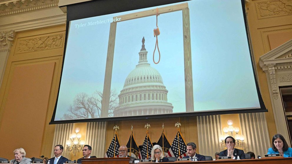 PHOTO: An image of the attack on the US Capitol is projected at the hearing where the House Select Committee investigates the Jan. 6 Attack on the US Capitol, in Washington, D.C., June 16, 2022.