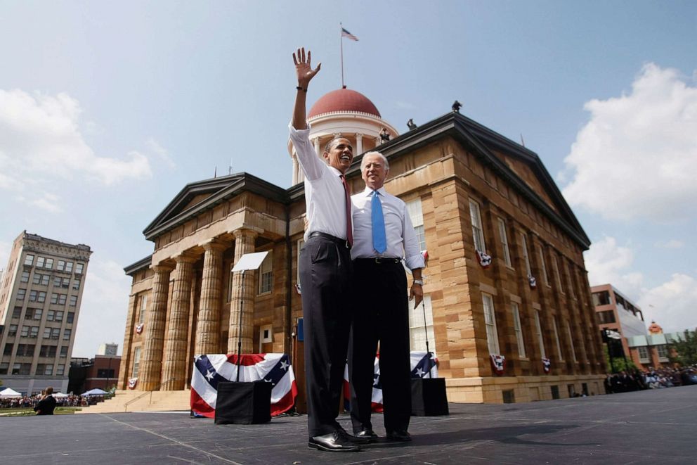 PHOTO: Presumptive Democratic presidential candidate Sen. Barack Obama takes to the stage with his vice presidential pick Sen. Joe Biden at the Old State Capitol, Aug. 23, 2008 in Springfield, Ill.