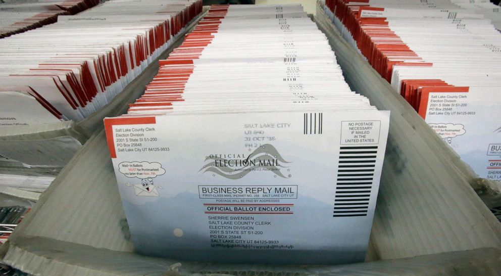 PHOTO: Mail-in ballots for the 2016 General Election sit in bins at the Salt Lake County Government Center, in Salt Lake City, Nov. 1, 2016. 