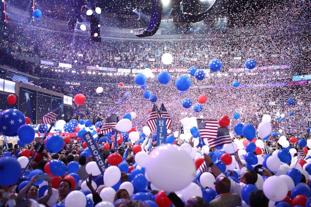 PHOTO: Balloons fall over delegates and attendees at the end of the fourth day of the Democratic National Convention at the Wells Fargo Center, July 28, 2016, in Philadelphia.