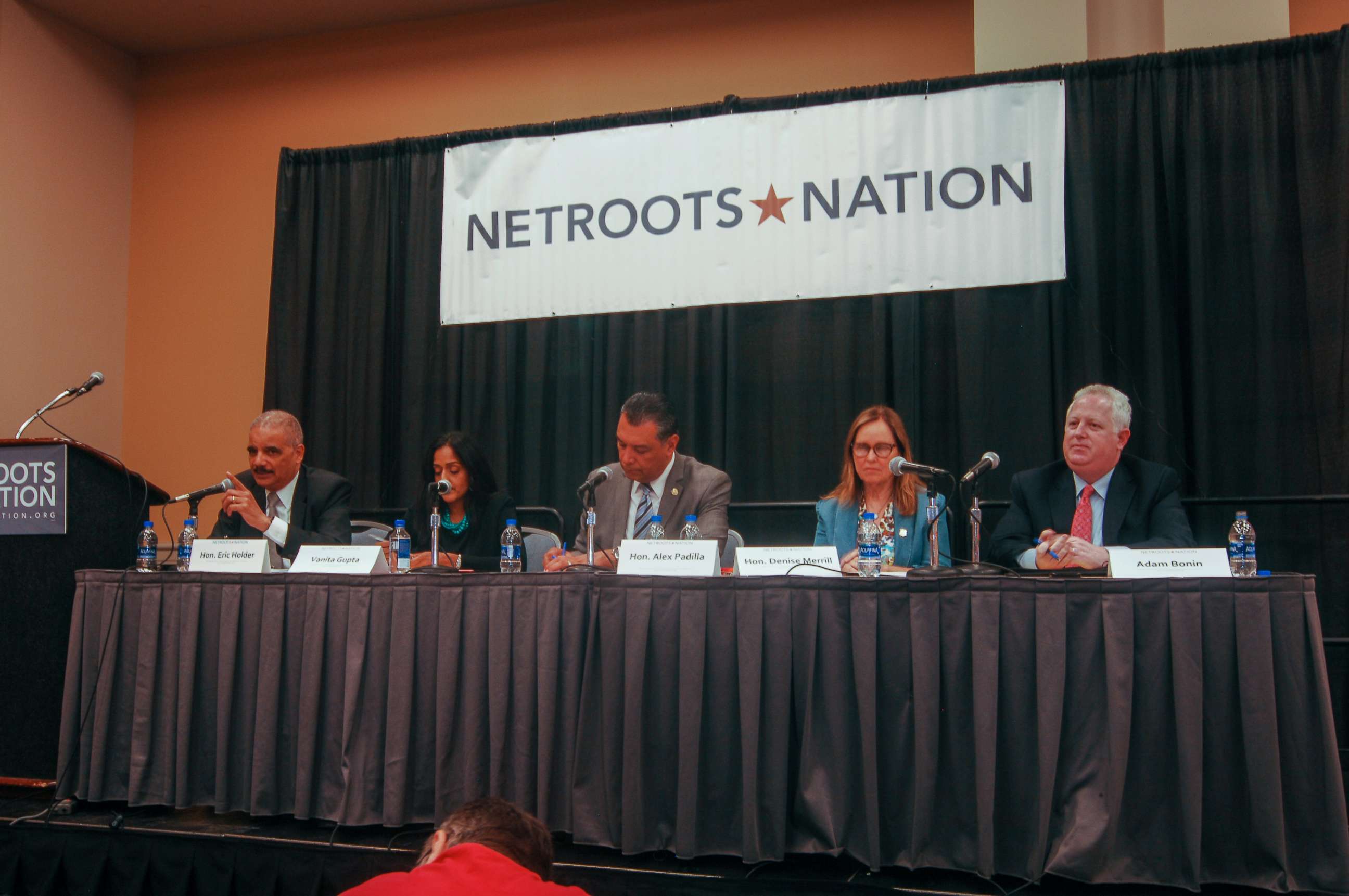 PHOTO: Eric Holder, Vanita Gupta,  Alex Padilla, Denise Merrill, and Adam Bonin participate in a panel discussion about the U.S. Census at Netroots Nation 2019 in Philadelphia, on July 11, 2019.