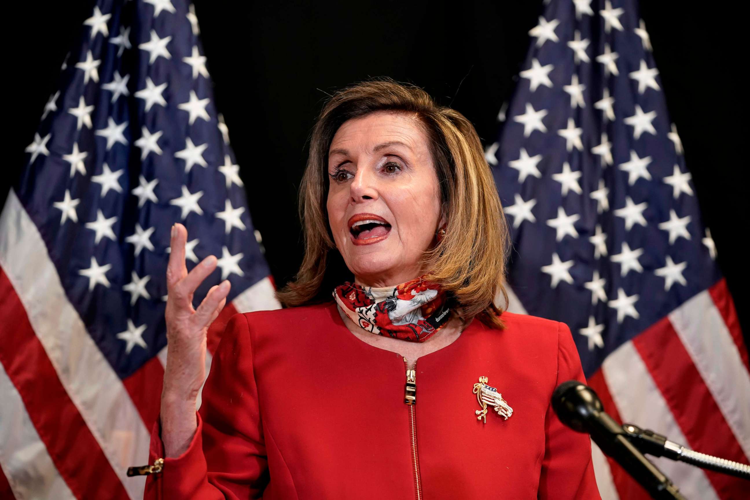 PHOTO: Speaker of the House Nancy Pelosi talks to reporters about election day results in races for the House of Representatives, at Democratic National Committee headquarters in Washington, Nov. 3, 2020.