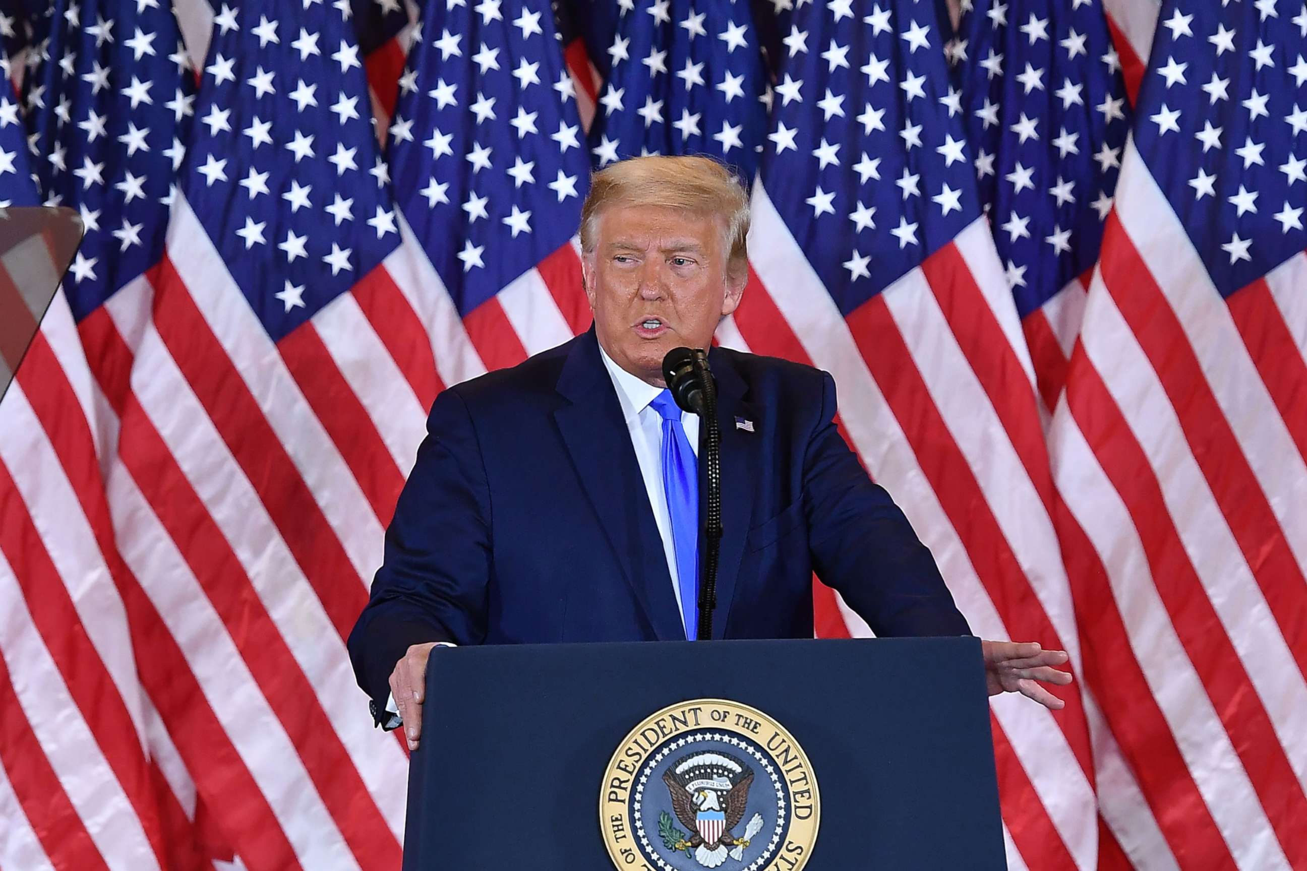 PHOTO: President Donald Trump speaks during election night in the East Room of the White House in Washington, early on Nov. 4, 2020.