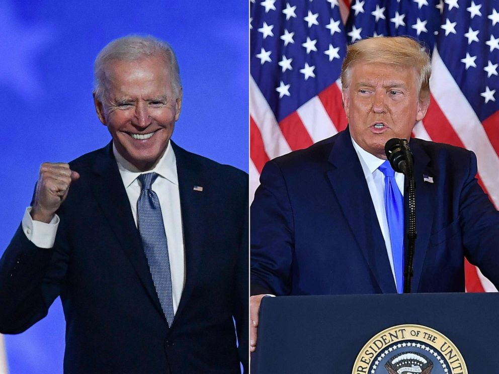 PHOTO: Democratic presidential nominee Joe Biden speaks to supporters in Wilmington, Del. on the evening of Nov. 3 and President Donald Trump gives a statement in the White House in Washington, early on Nov. 4, 2020.