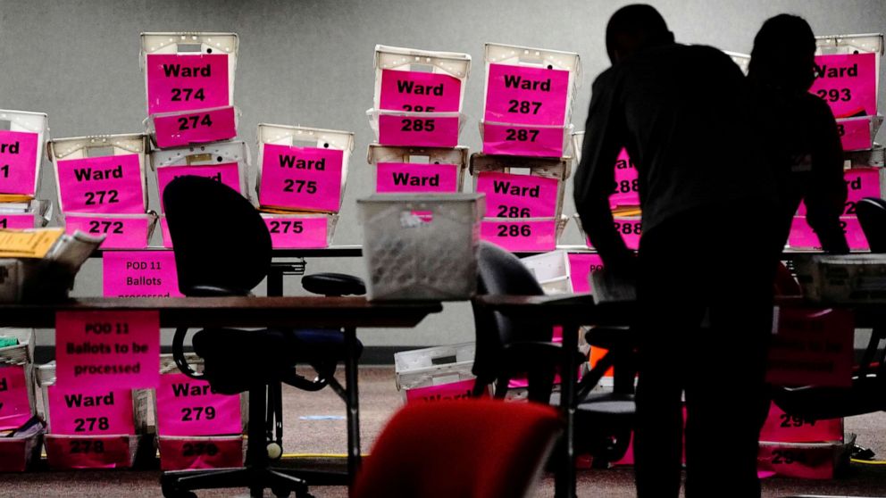 PHOTO: Empty boxes from Milwaukee's voting wards are seen the night of Election Day as absentee ballots are counted at Milwaukee Central Count in Milwaukee, Nov. 3, 2020.