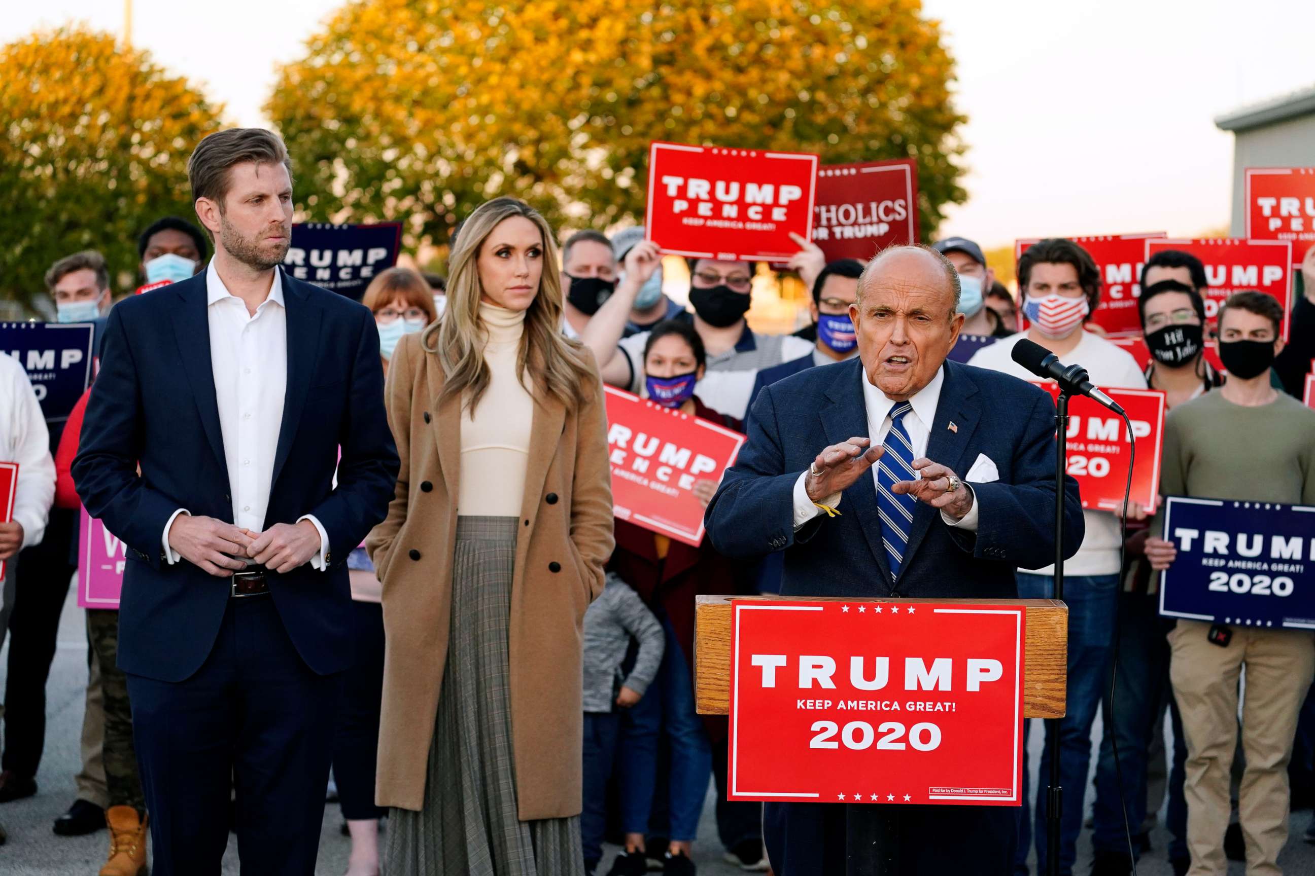 PHOTO: Rudy Giuliani, a lawyer for President Donald Trump, speaks during a news conference on legal challenges to vote counting in Pennsylvania, Wednesday, Nov. 4, 2020, in Philadelphia.