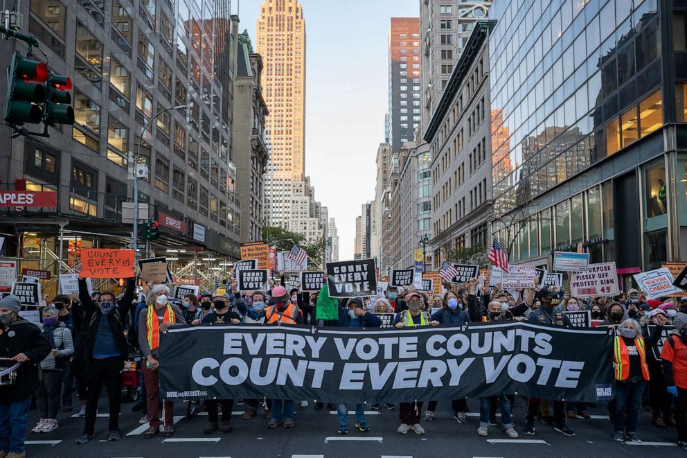 PHOTO: Protesters take to the streets as results of the presidential election remain uncertain on Nov. 4, 2020, in New York.