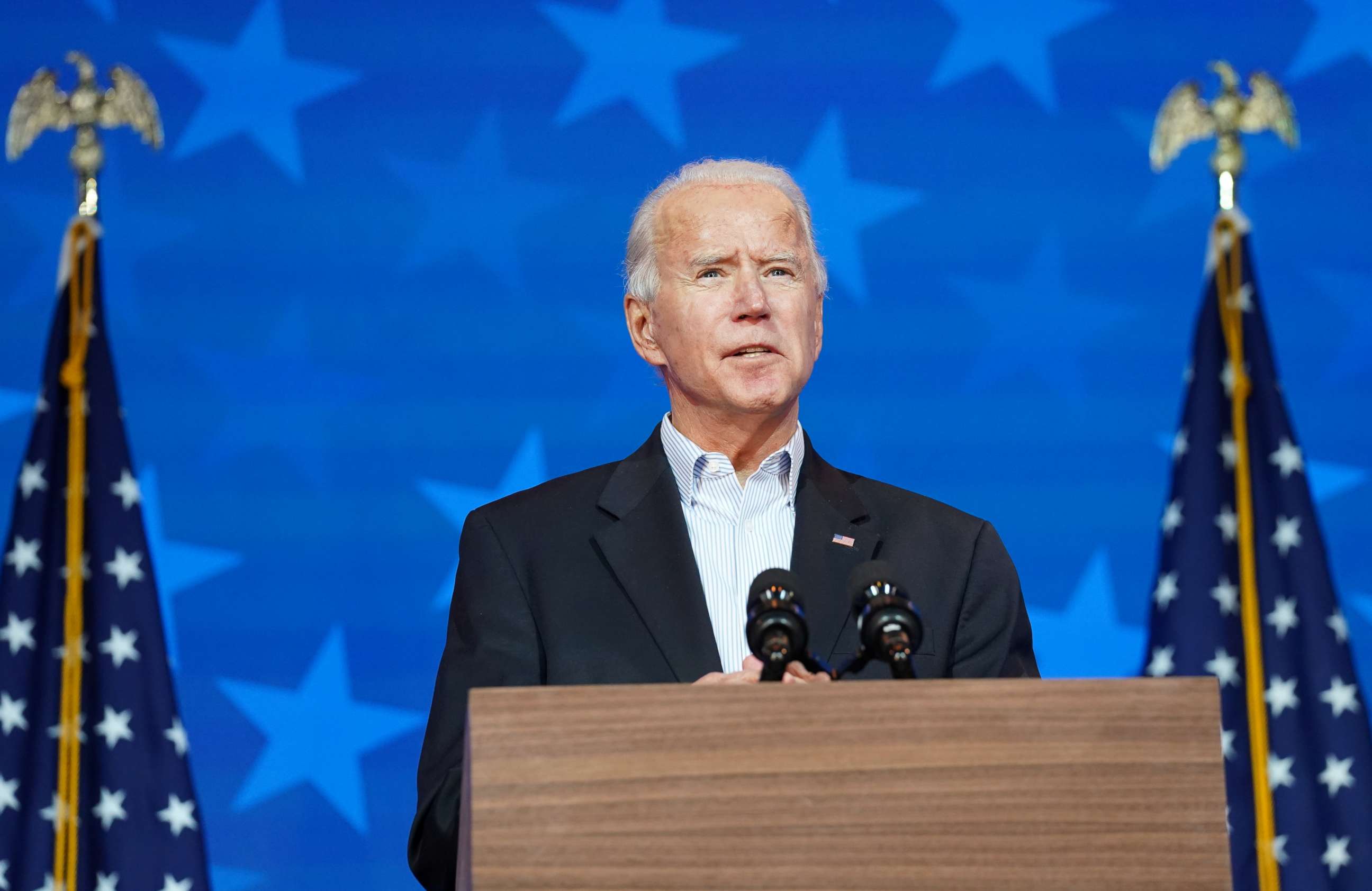 PHOTO: Democratic presidential nominee Joe Biden makes a statement on the presidential election results during a brief appearance before reporters in Wilmington, Del., Nov. 5, 2020.