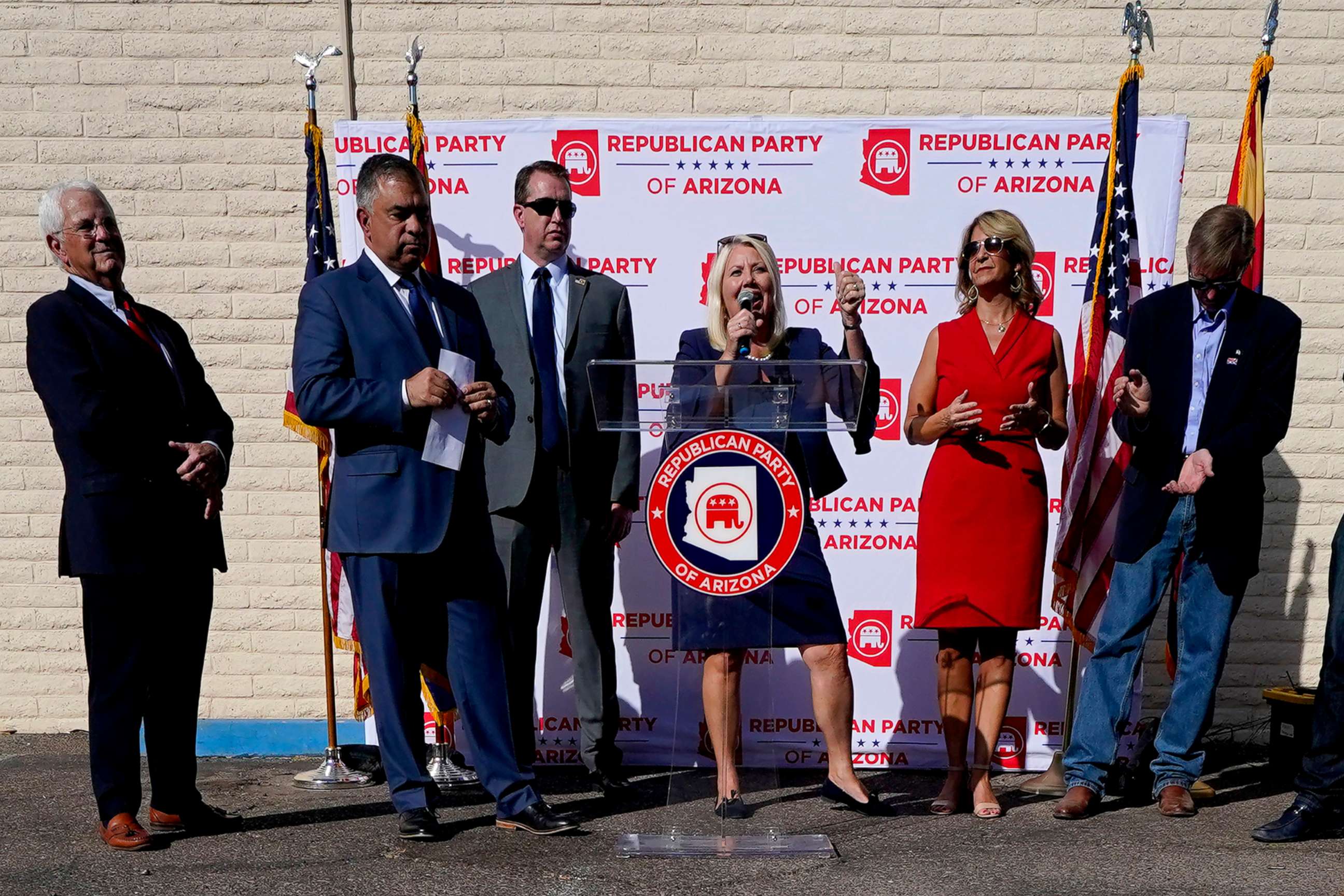 PHOTO: Rep. Debbie Lesko, center, speaks at an Arizona Republican Party news conference, Nov. 5, 2020, in Phoenix.