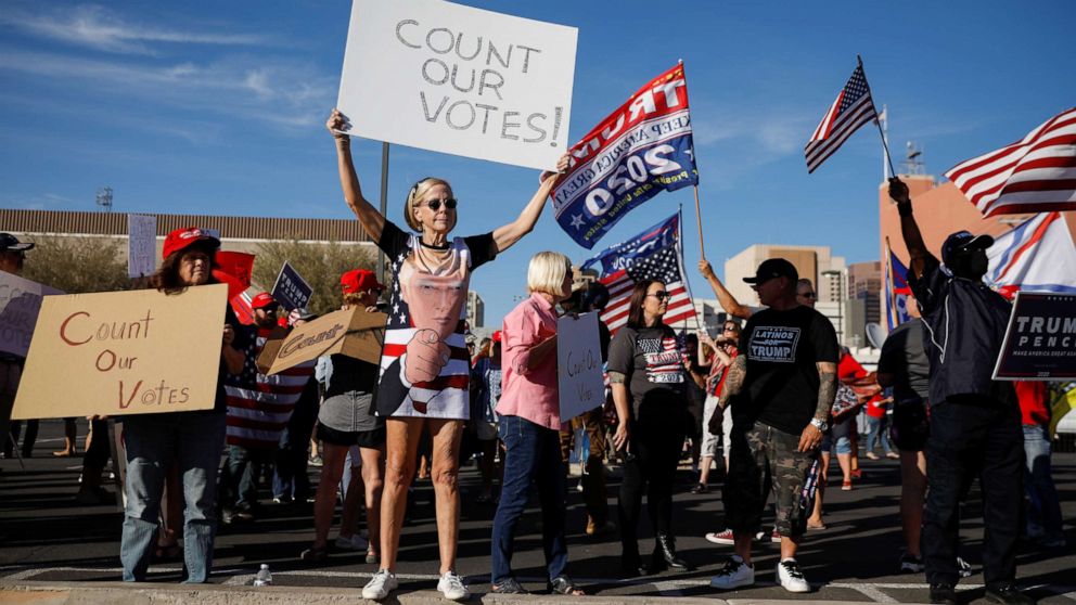 PHOTO: Supporters of President Donald Trump hold placards during a protest about the early results of the 2020 presidential election, in front of the Maricopa County Tabulation and Election Center in Phoenix, Nov. 5, 2020.