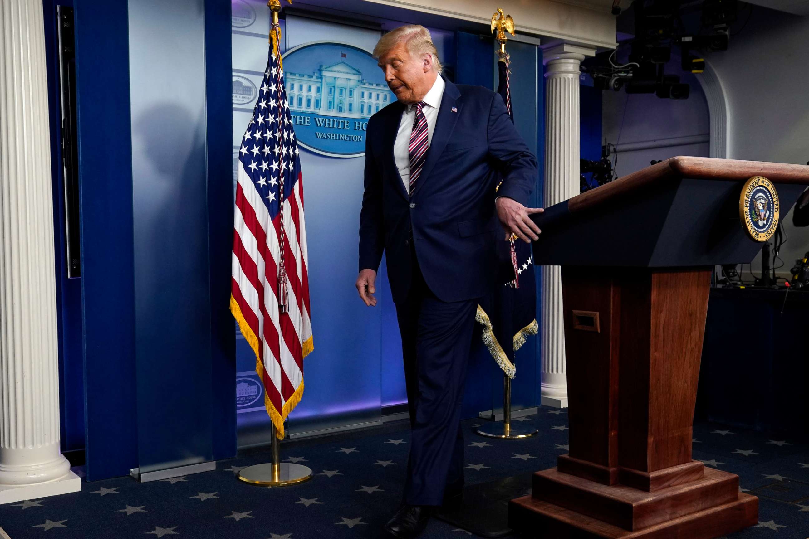 PHOTO: President Donald Trump leaves the podium after speaking at the White House, Thursday, Nov. 5, 2020, in Washington.