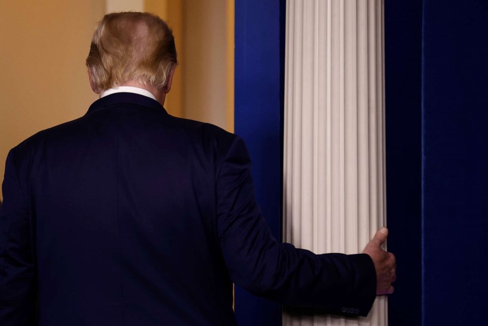 PHOTO: President Donald Trump departs after speaking about the presidential election results in the Brady Press Briefing Room at the White House in Washington, Nov. 5, 2020.