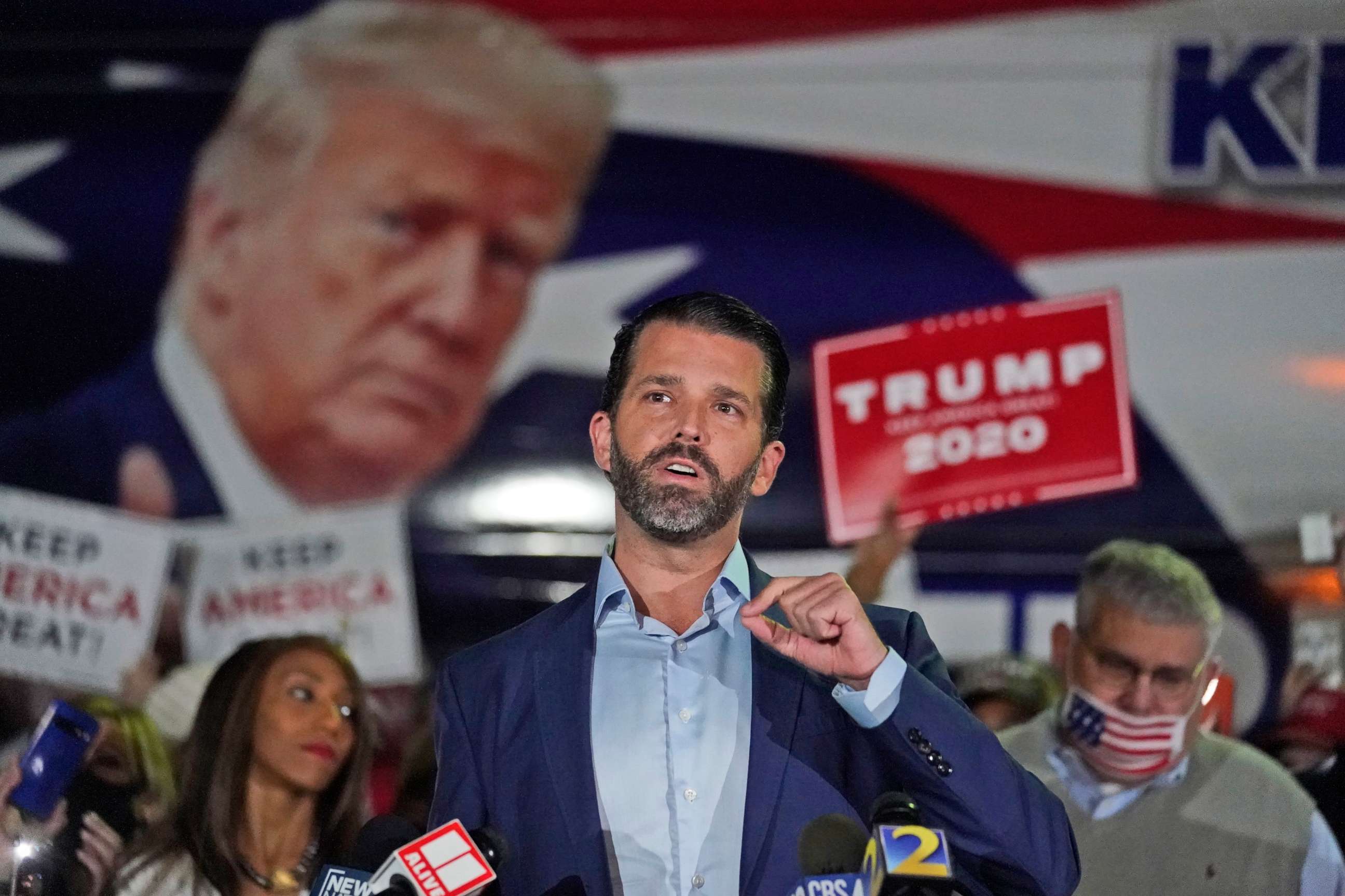 PHOTO: Donald Trump Jr., gestures as he speaks during a news conference at Georgia Republican Party headquarters, Nov. 5, 2020 in Atlanta.