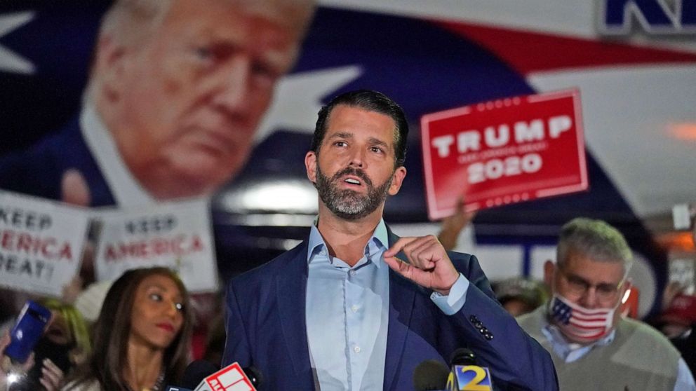 PHOTO: Donald Trump Jr., gestures as he speaks during a news conference at Georgia Republican Party headquarters, Nov. 5, 2020 in Atlanta.
