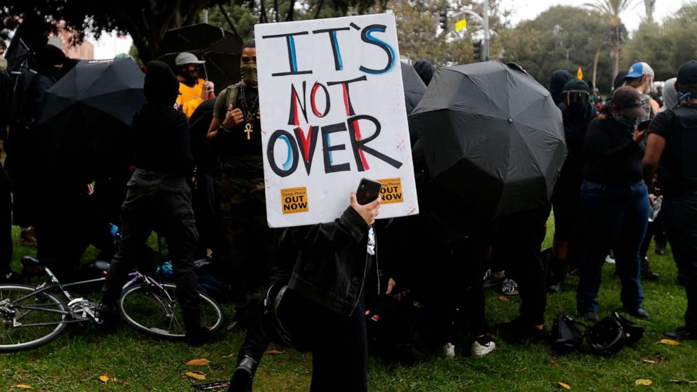 PHOTO: People protest after the Nov. 3 elections, Friday, Nov. 6, 2020, in Los Angeles.
