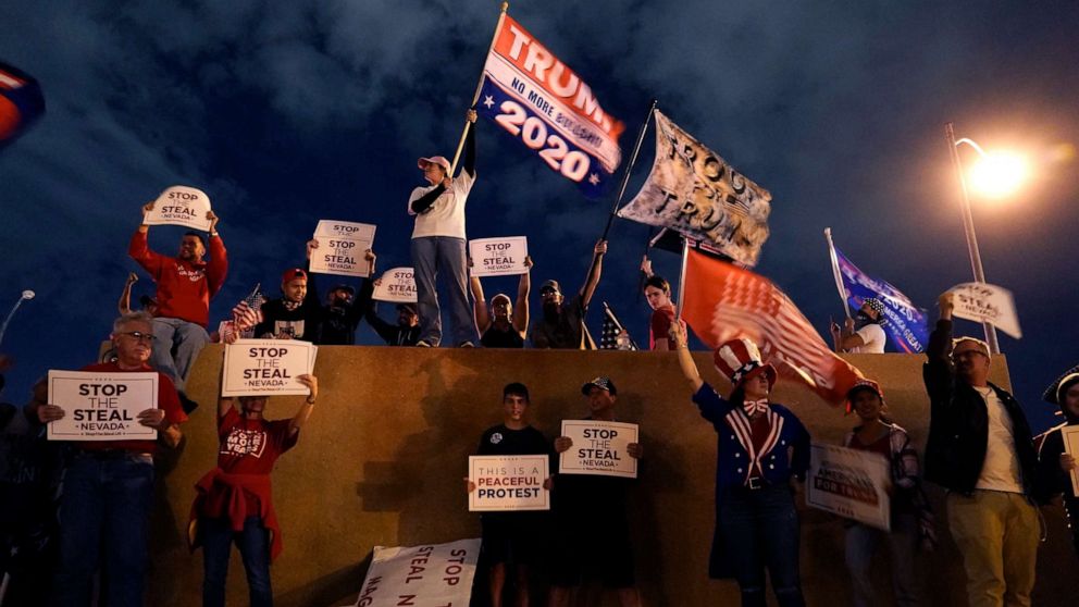 PHOTO: Supporters of President Donald Trump protest in front of the Clark County Election Department after the Nov. 3 elections, Friday, Nov. 6, 2020, in North Las Vegas.