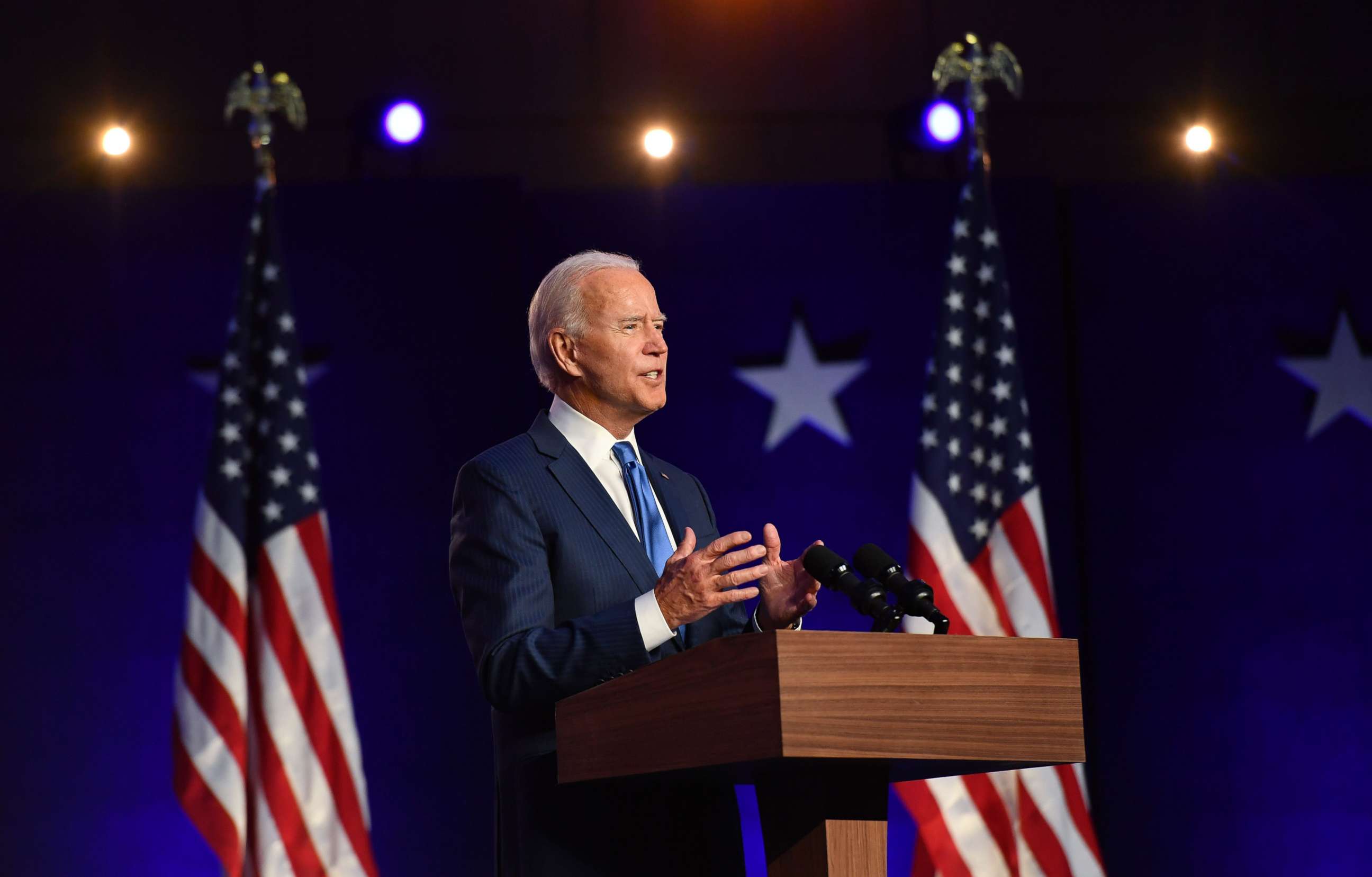 PHOTO: Democratic presidential nominee Joe Biden delivers remarks at the Chase Center in Wilmington, Del., Nov. 6, 2020.