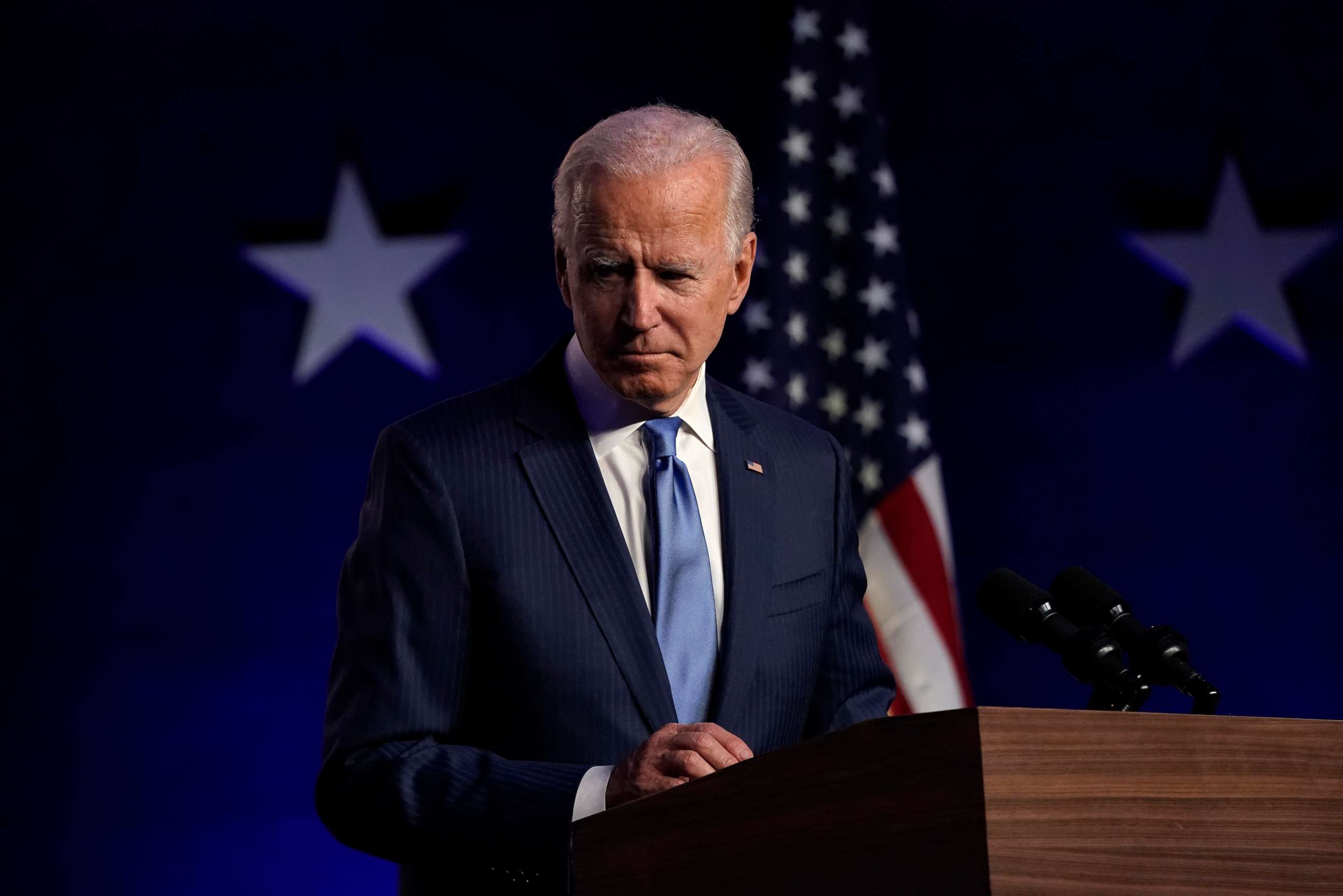 PHOTO: Democratic presidential nominee Joe Biden addresses the nation at the Chase Center, Nov. 06, 2020, in Wilmington, Del.