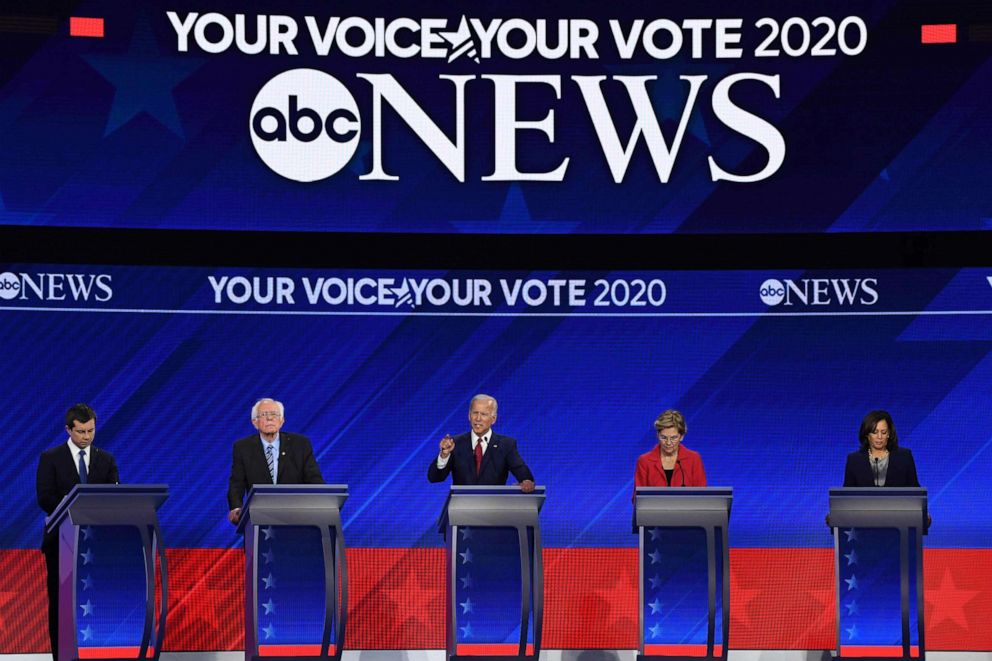 PHOTO: Democratic presidential hopefuls speak during the third Democratic primary debate of the 2020 presidential campaign season hosted by ABC News in partnership with Univision at Texas Southern University in Houston, Tx., on Sept. 12, 2019.