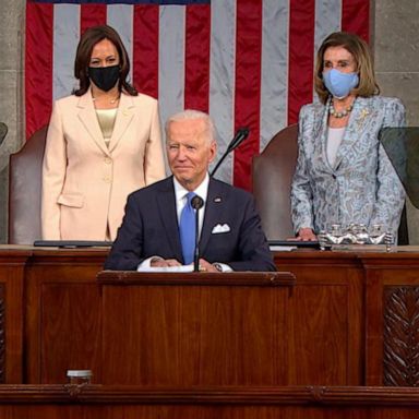 PHOTO: Vice President Kamala Harris and House Speaker Nancy Pelosi sat behind Biden, reflecting the first time that two women are in the line of presidential succession.