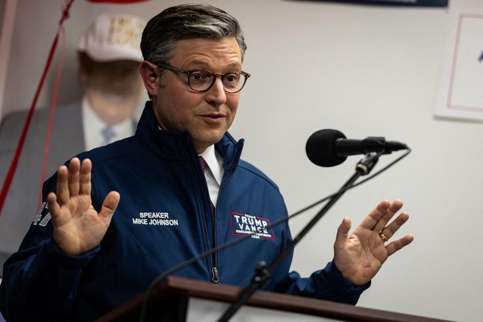 PHOTO: Speaker of the House Mike Johnson speaks to supporters of former President and Republican presidential candidate Donald Trump, at a Trump Force 47 campaign office in Bethlehem, Pa., on Oct. 28, 2024.