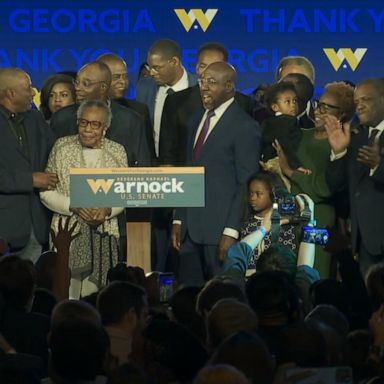 Sen. Raphael Warnock celebrated his projected victory on Tuesday night in Atlanta, thanking the crowd for their support. 