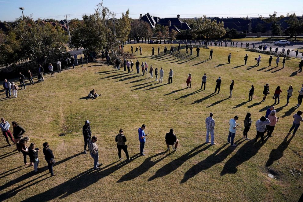 PHOTO: Voters wait in a long line to cast their ballots at the Church of the Servant in Oklahoma City, Nov. 3, 2020. 