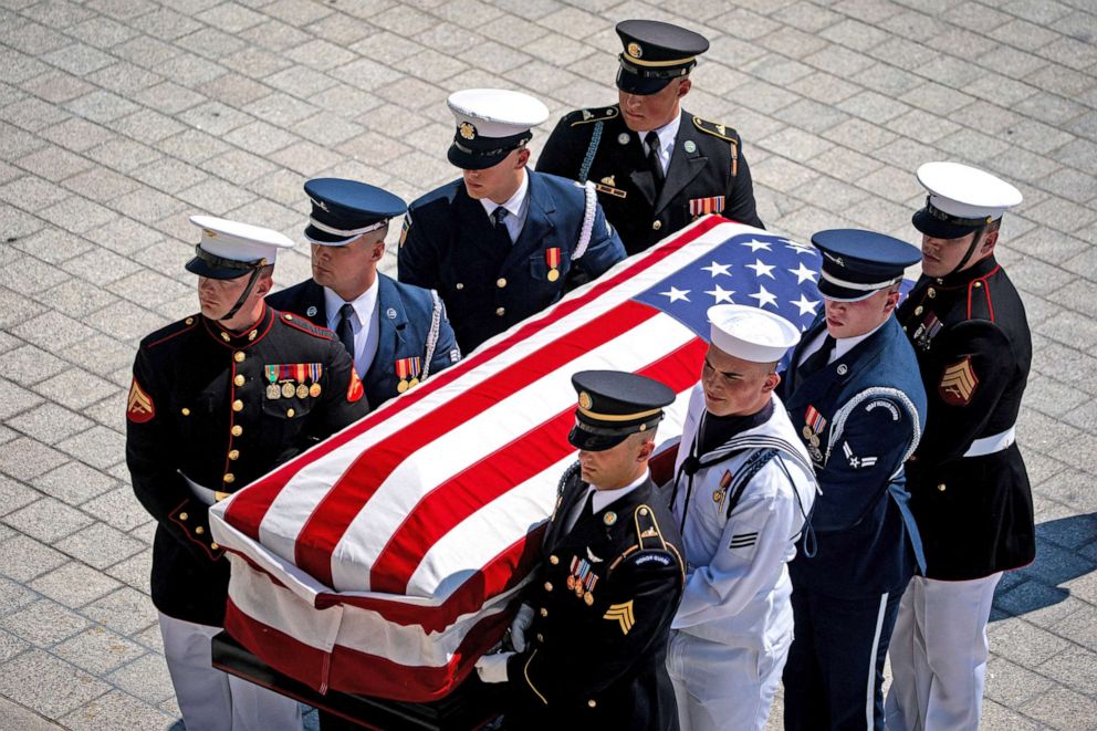 PHOTO: The remains of Hershel Woodrow "Woody" Williams are carried across the East Front of the U.S Capitol before lying in honor in Washington, D.C., July 14, 2022.
