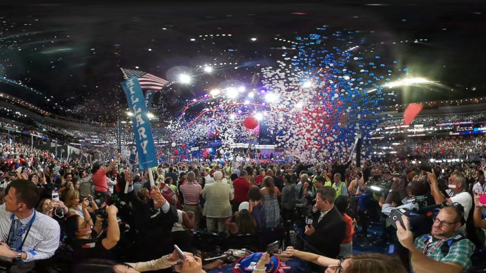 Balloons and confetti blanket the Wells Fargo Center to mark the end of the 2016 Democratic National Convention.