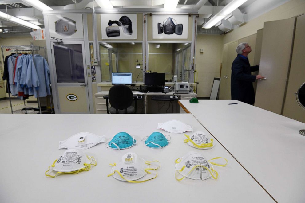 PHOTO: Various N95 respiration masks at a laboratory of 3M, that has been contracted by the U.S. government to produce extra marks in response to the country's novel coronavirus outbreak, in Maplewood, Minn., March 4, 2020. 