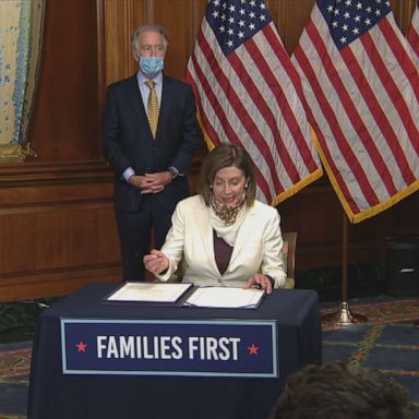 House Speaker Nancy Pelosi on Thursday signed a multi-billion relief package to help small business, hospitals and boost coronavirus testing.