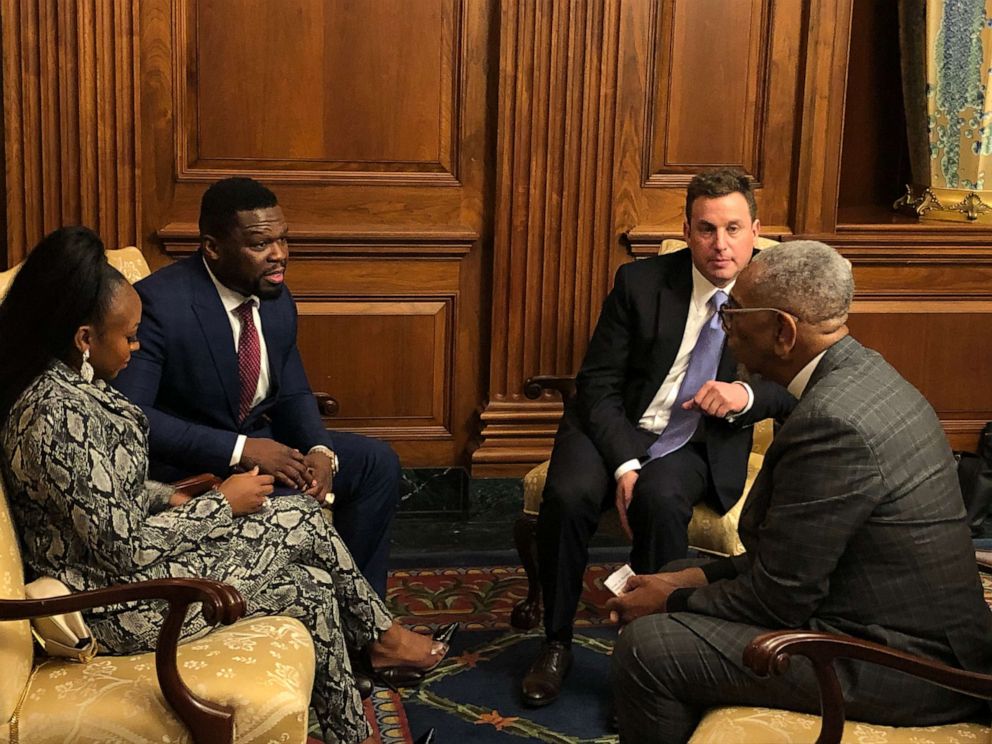 PHOTO: Curtis "50 Cent" Jackson and actress Naturi Naughton meet with Rep. Bobby Rush, D-Ill., in Washington, D.C., on Wednesday, Oct. 30, 2019.