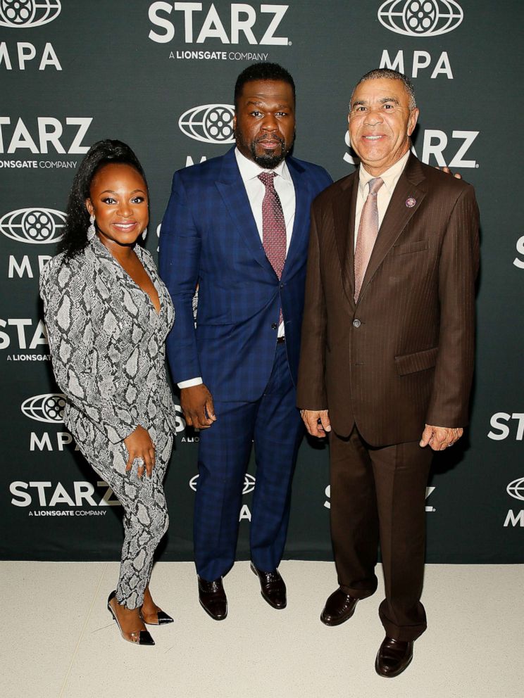 PHOTO: Actress Naturi Naughton, Executive Producer Curtis "50 Cent" Jackson and Rep. Wm. Lacy Clay, D-Mo., attend STARZ's "Power" season 6 midseason finale advanced screening and reception at MPA Theater on Oct. 30, 2019, in Washington, D.C.