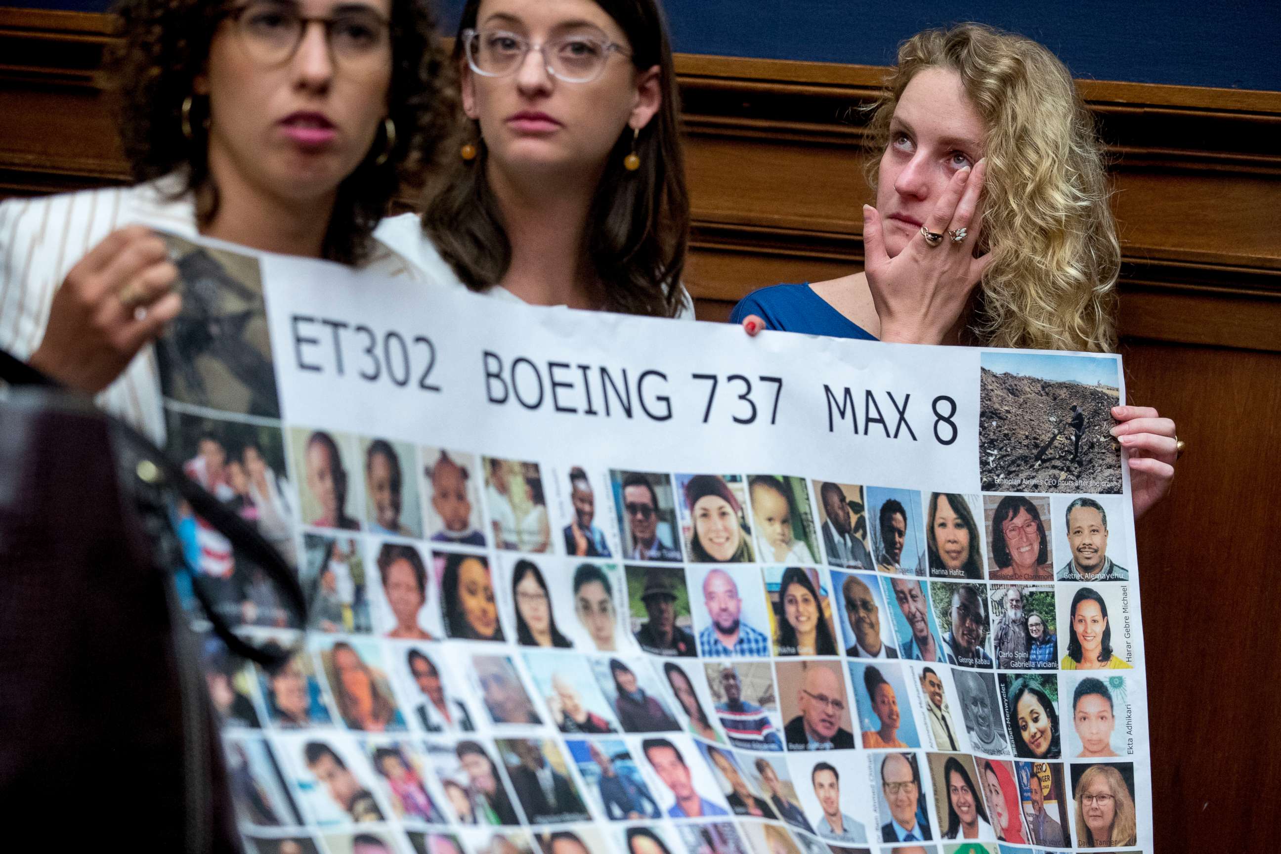 PHOTO: Friends of victim Samya Rose Stumo hold a sign depicting those lost in Ethiopian Airlines Flight 302 during a House Committee hearing on the status of the Boeing 737 MAX on Capitol Hill in Washington, June 19, 2019.