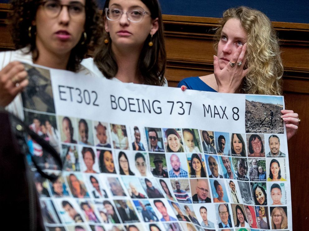 PHOTO: Friends of victim Samya Rose Stumo hold a sign depicting those lost in Ethiopian Airlines Flight 302 during a House Committee hearing on the status of the Boeing 737 MAX on Capitol Hill in Washington, June 19, 2019.