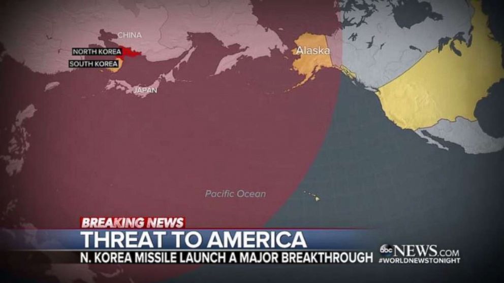 PHOTO: The latest North Korean missile launch on July 4, 2017, shows the country's capability to reach Alaska. 