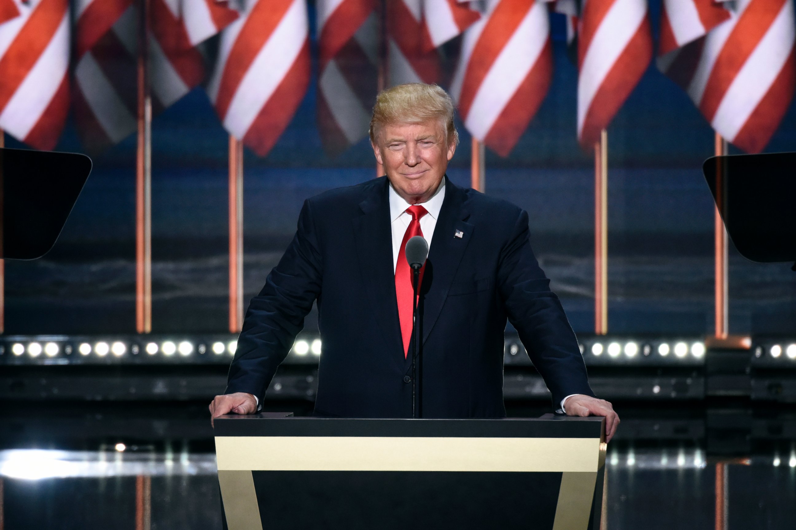 PHOTO: Donald Trump speaks at the 2016 Republican National Convention from the Quicken Loans Arena in Cleveland, Ohio.
