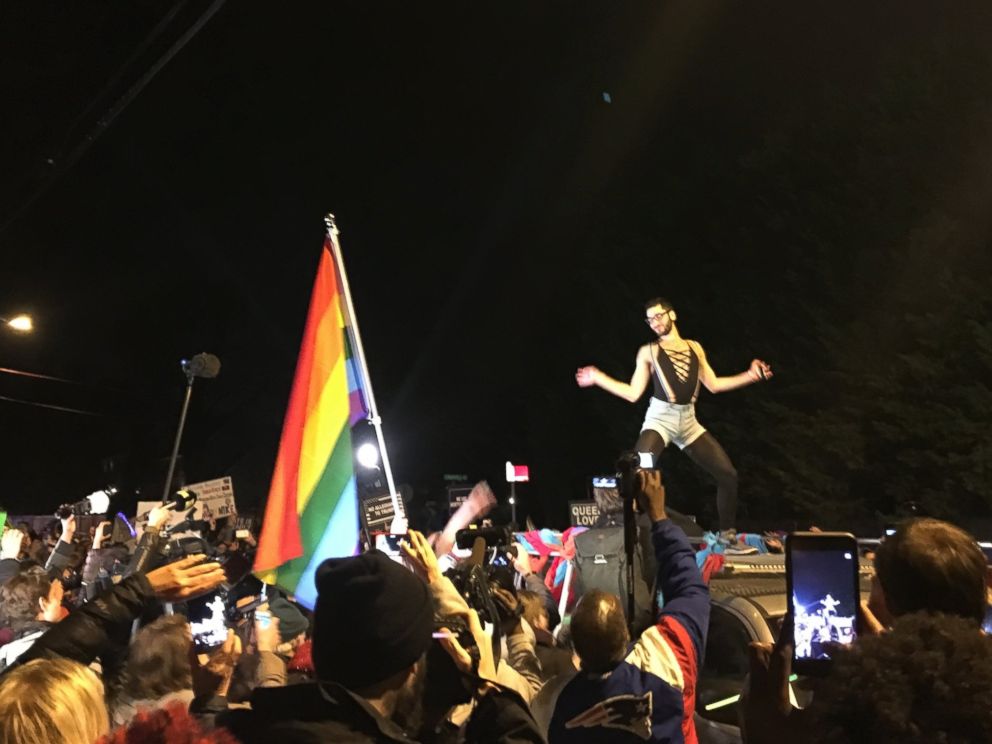 PHOTO: LGBTQ activists and supporters protest in front of Vice President-elect Mike Pence in front of his temporary Washington home, Jan. 18, 2016.