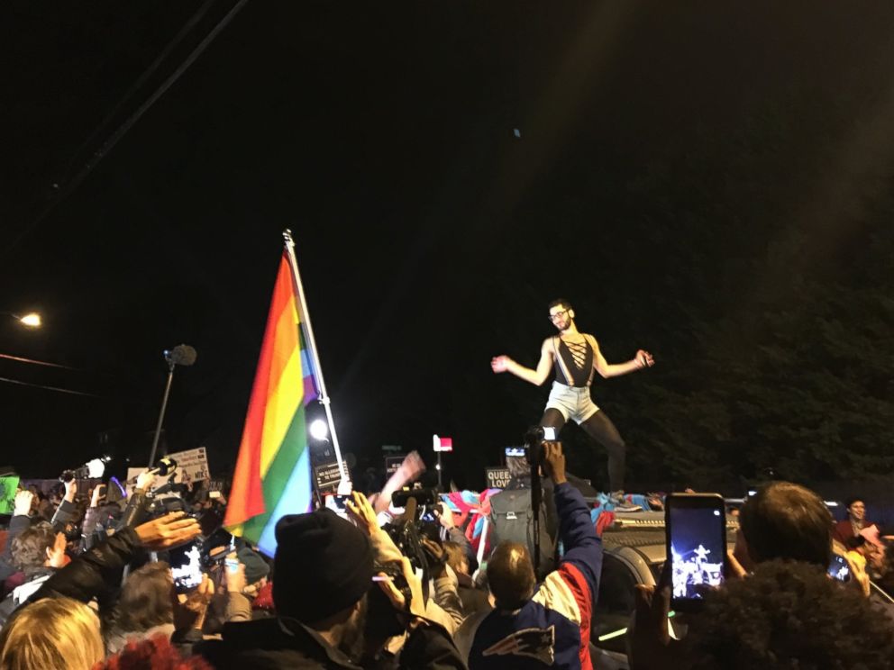 PHOTO: LGBTQ activists and supporters protest in front of Vice President-elect Mike Pence in front of his temporary Washington home, Jan. 18, 2016.