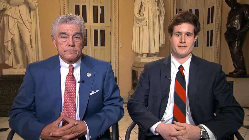 PHOTO: Texas Rep. Roger Williams and his legislative correspondent, Zack Barth, describe the harrowing moments when a gunman opened fire during a baseball practice, wounding Barth, June 15, 2017.